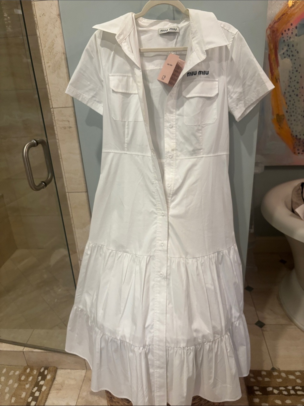 Miu Miu White Short-Sleeve Tiered Shirt Dress for Kids - Picture 3 of 3